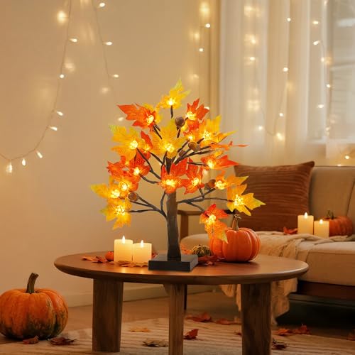 Cllayees Fall Decorations fo Home 2 Pack 18" Lighted Maple Tree | Timer, Thanksgiving Autumn Table Decor, For Office, Desk, Table Centerpiece, Bedroom