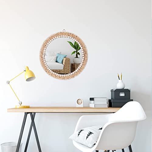 15 Inch Boho Round Hanging Wall Mirror Decorative Rattan Circle Mirrors for Farmhouse, Living Room, Bedroom