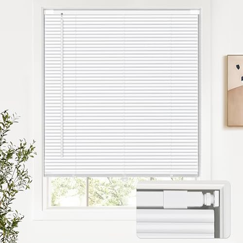 LazBlinds No Tools No Drill Cordless Aluminum Mini Blinds, 100% Privacy S-Curve Blinds for Windows, Room Darkening Horizontal Window Blinds and Shades for Home, 34" W x 36" H, White