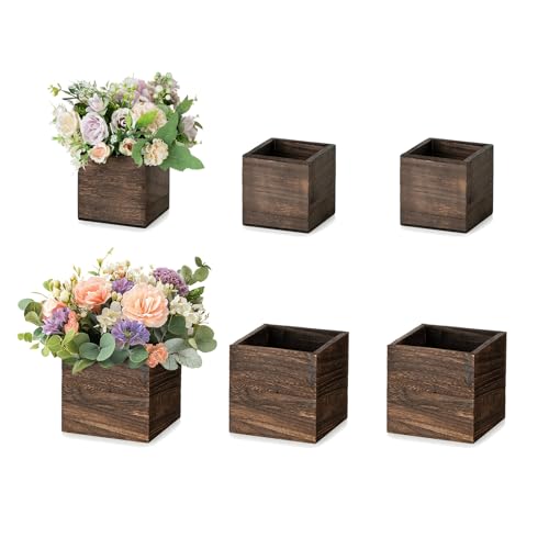 NUPTIO Wooden Box for Centerpiece Wedding: 6 Pcs Rustic Square Planter Box for Christmas Table Fall Decorations - 4×4" & 5×5" Small Wood Vases Flower Pots for Windowsill Home Garden Decor