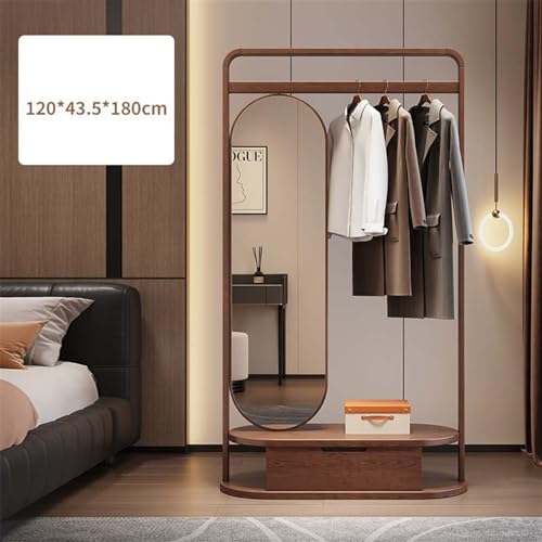 Floor Mirror All Solid Wood Coat Rack, Floor-Standing, Bedroom, Home, Living Room, Clothes Rack, Dressing Mirror, One-in-One Full-Length Mirror, Clothes Rack Standing Mirror(120CM)