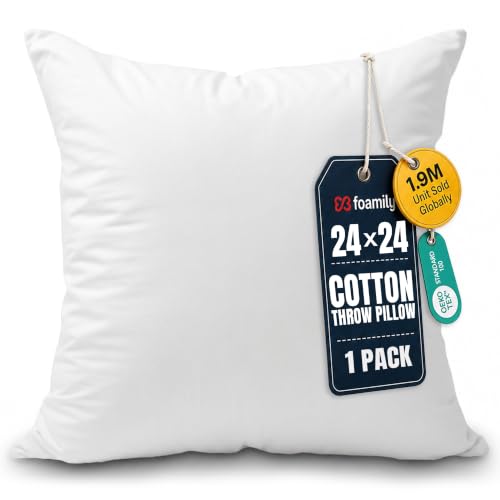 Foamily 24x24 Pillow Insert, 100% Cotton Cover Throw Pillow Insert, Decorative Square Pillow Stuffer for Couch, Sofa, Bed & Home Decor, White