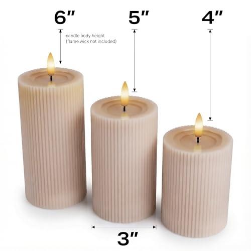 Fluted Ribbed LED Pillar Candles, Blush Beige, with Realistic Reflective Melted-Wax Effect – Flickering Flame, Remote, Dimmable, Flameless, Battery Operated, Home & Wedding Decor (Set of 3)