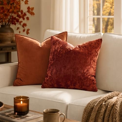MIULEE Fall Velvet Throw Pillow Covers Rust 20x20 inch Set of 2