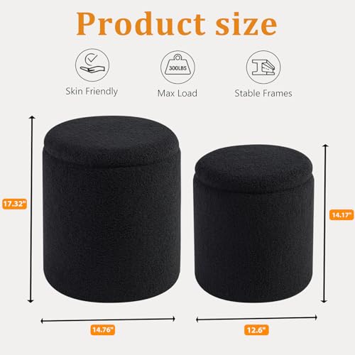 Set of 2 Round Storage Ottoman, Black Boucle Ottoman with Storage