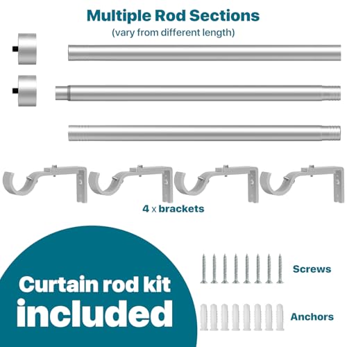 Silver Extra Long Curtain Rod 30 to 240 inch, Heavy Duty Window Treatment Single Rods with Modern End Caps, 1 inch Metal Rods Set for Outdoor Patio, Adjustable Wall Mounted Curtain Rod