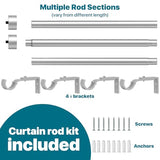 Silver Extra Long Curtain Rod 30 to 240 inch, Heavy Duty Window Treatment Single Rods with Modern End Caps, 1 inch Metal Rods Set for Outdoor Patio, Adjustable Wall Mounted Curtain Rod