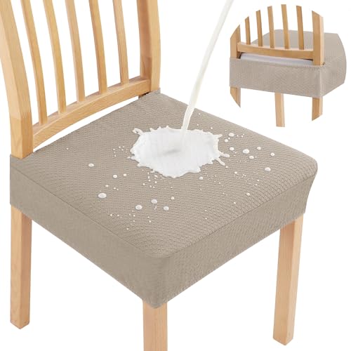 Smiry Waterproof Seat Covers for Dining Room Chairs Set of 6, Stretch Jacquard Removable Washable Chair Seat Slipcovers Protector, No Rear Covers, Taupe