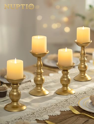 NUPTIO Gold Pillar Candle Holders: Brass Table Centerpiece for 3" Candles