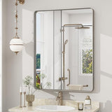 22x30 Inch Silver Bathroom Mirror, Brushed Metal Framed Vanity Mirror for Wall, Rounded Corner Rectangle Mirror, Anti- Rust (Horizontal/Vertical)