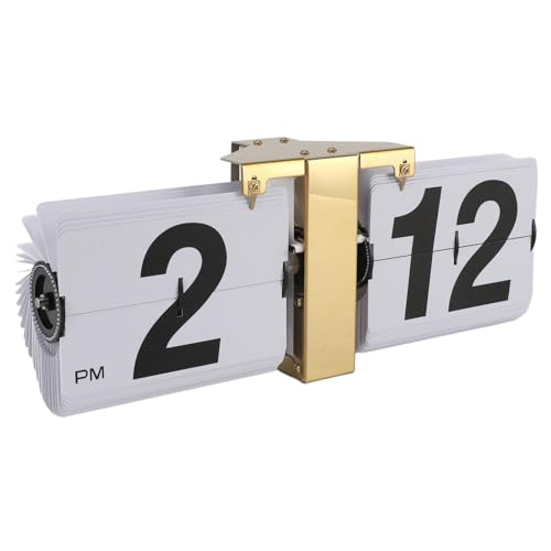 Flip Desk Clock Mechanical Clock Battery Operated Desktop Vertical Wall Mounted Retro Digital Flip Clock 12H Gold Base and White Flip Cover Ideal for Home Office School (Gold)