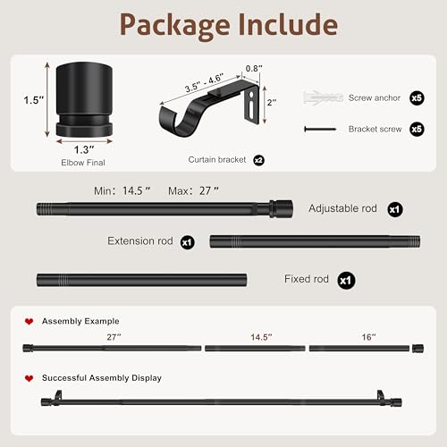 XDW-GIFTS Curtain Rods for Windows 32 to 46 Inch,1 Inch Diameter Black Heavy Duty Metal Drapery Rod,Adjustable Curtains Pole with Bracket Modern Style Suitable for Bedroom,Living Room