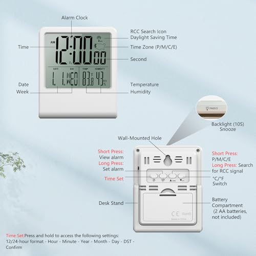 Timloon Mini Desk Atomic Clock | Auto-Calibrating Digital Alarm, Temperature & Humidity, 4 Time Zones, DST, Backlight, Battery Operated
