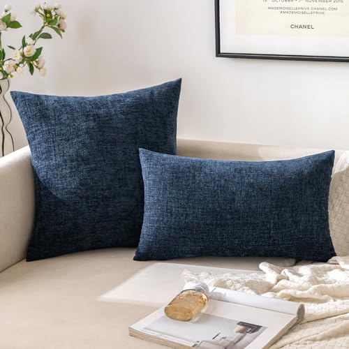 EMEMA Square Throw Pillow Covers 20"x20" Inch Set of 2 Decorative Couch Pillow Covers Chenille Modern Solid Pillowcases for Sofa Bedroom Navy Blue 50x50CM(Only Covers)
