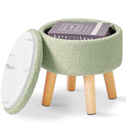 IBUYKE Small Foot Stool Ottoman with Storage, Round, Green