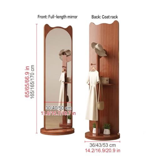 Rotating Full Length Cat Ear Floor Mirror with Storage, 360° Swivel Stand, HD No-Distortion Glass, Space Saving for Bedroom, Living Room, Entryway(Walnut,165x40cm/65x15.7in)