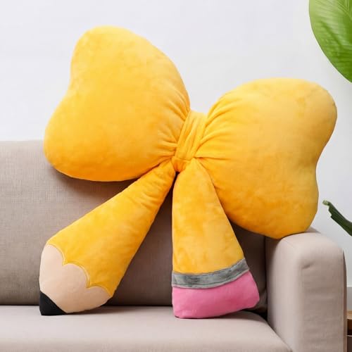Qunclay Bow Pencil Pillow Back to School Throw Pillow 20''x16'' Soft Yellow Pencil Cushion for Classroom Cute Funny Pillowcase with Cotton Insert for Teacher Classroom Library Living Room Sofa Couch