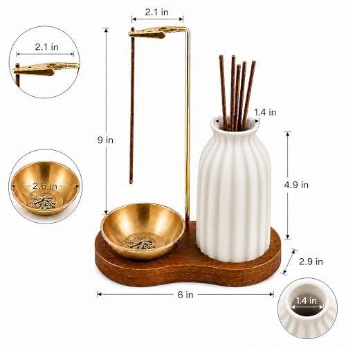 2 in 1 Incense Holder for Sticks with Ash Catcher for Meditation | Incense Burner Holder with Wood Base, Ceramic Vase Storage & Metal Ash Catcher Hang Upside for Meditation Home Room Decor