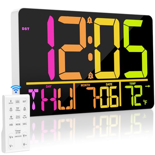 PERSUPER 13" Large Digital Wall Clock with Remote, RGB Color Changing, 25 Ringtones, 0-100% Auto/Custom Brightness, Temperature, Calendar, 12/24H, DST, Timer, for Living Room/Bedroom/Office/Elderly