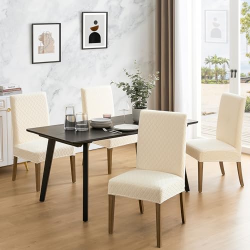 MOSAYT 100% Waterproof Dining Room Chair Covers Set of 4, Super Fit Stretch Jacquard Parson Chairs Slipcovers Removable Washable Chair Seat Protectors for Home, Kitchen, Banquet (Beige)