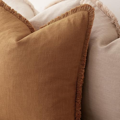 Foindtower Decorative Linen Fringe Throw Pillow Covers 22×22 Inch,Orange