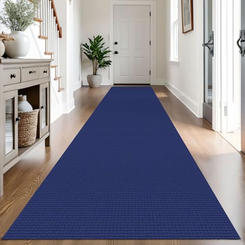 Washable Exrea Long Hallway Runner Rug 3x14 Non Slip Rubber Backed Kitchen Runner Entryway Runner Indoor, Woven Rugs Floor Carpet for Kitchen Hall Entryway, Royal Blue/Navy