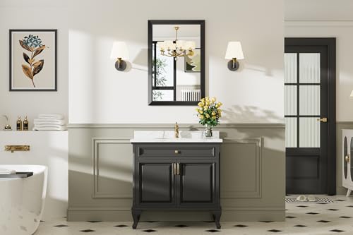 Briivue 24x36 Inch Black Bathroom Mirror for Wall, Thick Metal Framed Rectangle Mirrors for Over Sink, Bedroom, Living Room, Entryway, Anti-Rust, HD Tempered Glass