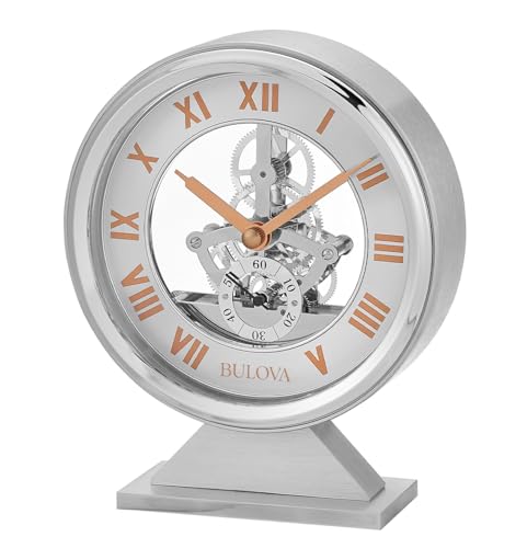Bulova Torrance Brushed Aluminum Clock B1721 | Exposed Skeleton Design | Quartz Movement | Glass Panel Design | 5.25 x 6.5 Inch