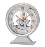 Bulova Torrance Brushed Aluminum Clock B1721 | Exposed Skeleton Design | Quartz Movement | Glass Panel Design | 5.25 x 6.5 Inch