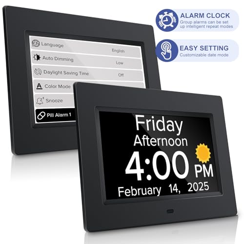 Digital Alarm Clock with Date and Day of Week for Dementia Seniors, Voice Announcement Time, Multiple Alarm Sets, Auto DST, Gifts for Elderly People with Dementia - Black