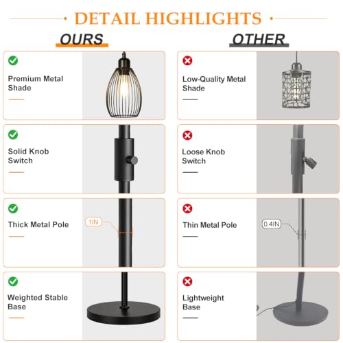 Dimmable Floor Lamp, 3 x 800LM LED Edison Bulbs Included, Farmhouse Industrial Floor Lamp Standing Tree Lamp with Elegant Teardrop Cage Tall Lamps for Living Room Bedroom Office Dining Room-Black