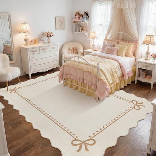 Garvee Scalloped Bow Rug for Living Room Washable Solid Beige 6x9 Area Rugs