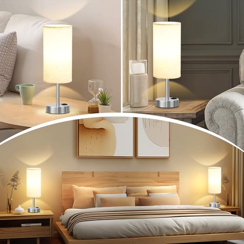 Dicoool Touch Table Lamp for Bedroom, 3 Way Dimmable Bedside Lamp with USB C & A Charging Ports - Small Desk Lamp for Dorm Room, College, Kids, Office, Living Room, White