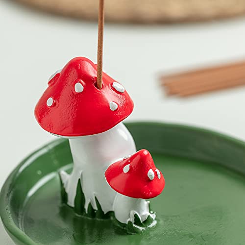 Cute Mushroom Incense Holder with 30 Incense Sticks, Handmade Resin Burner, Nature Theme Incense Tray, Adorable Home Decoration Accessories(Green)