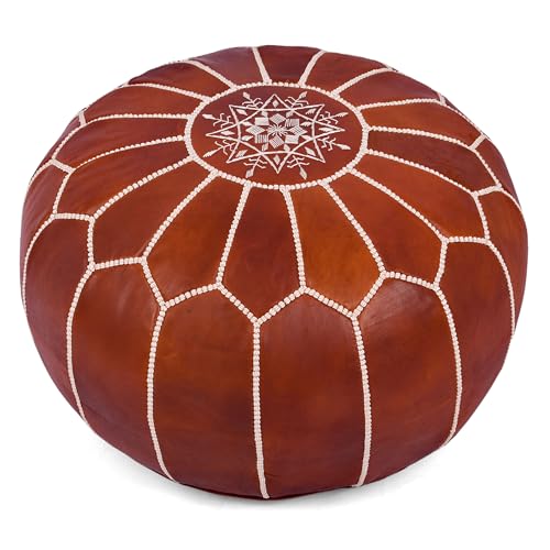 Marrakesh Gallery Genuine Leather Round Pouf Cover - Handmade Moroccan Ottoman Footstool, Unstuffed Footrest - Boho Decor - Bohemian Living Room, Bedroom, Kids Room - Housewarming Gift & Wedding
