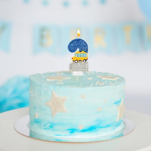 2st Birthday Number Candles for School Bus Blue and Silver Birthday Decorations for Boys for Cakes, Parties, Anniversary Celebrations, Bakery Decorations (Number-02)
