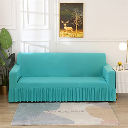 Armless Futon Slipcover with Ruffle Skirt Solid Color Milk Silk Futon Couch Cover Stretch Futon Sofa Bed Cover -Blue-2 Seater (145-185cm