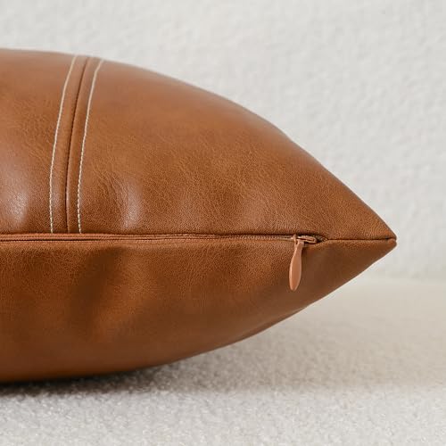 Faux Leather Lumbar Decorative Throw Pillow Cover 12x20 Cognac Brown Modern Farmhouse Boho Small Accent Rustic Home Decor Rectangle Cushion Cases for Couch Bed Sofa Living Room