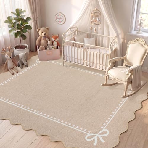 Garvee Scalloped Bow Rug Camel Washable Solid 3x5 Area Rugs for Living Room