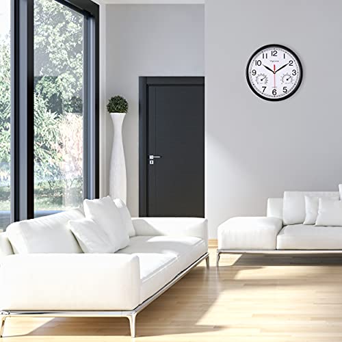 Wall Clock, Sweep Silent Movement Accurate Clocks with Temperature & Humidity, Decorative for Kitchen/Living Room/Bedroom/Office/School/Classroom (Black, 8 inch)