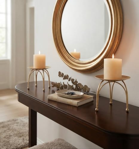 Hosley® Iron Pillar Candle Holders 4 Inch Diameter Tripod Stand Table Centrepiece Perfect for Home Decor, Wedding, Parties, Living Room Pack of 2, Gold