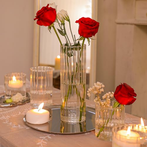 ComSaf Glass Cylinder Vases Pack of 12, Clear Ribbed Bud Vases for Centerpieces Weeding Decoration, 4 inch 6 Inch 10 Inch Tall Clear Flower Vases in Bulk, Hurricane Candle Holder for Party Home Decor