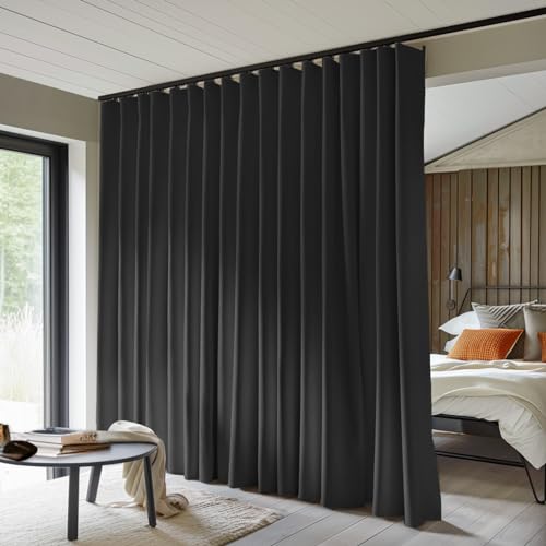 MaKefeile Room Divider Curtains Total Blackout Privacy Curtain Panel Room Thermal Insulated Noise Reduction Curtains for Bedroom Window Living Room Ceiling Track Curtain W 12.5 ft × H 8ft Black