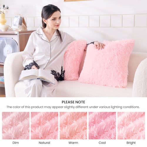 Faux Fur Pink Throw Pillow Covers, Fluffy Soft Fuzzy Decorative Pillow Cases Cute Pillowcases for Home Bedroom Living Room, Zipper Closure, Set of 2 (Pink, 18"x 18")