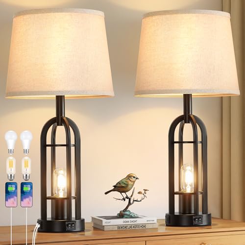 Black Table Lamps for Living Room Set of 2 - Farmhouse Lamps for Night Stands with USB A+C, Bedside Lamps for Bedroom, 24'' Industrial Lamp for Living Room End Tables