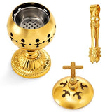 TOPZEA Catholic Incense Burner with Tong, Gold Metal Bakhoor Frankincense Resin Burner, Brass Plated Charcoal Incense Censer Stand with Cross for Christian Church, Home, Yoga, Spa Aromatherapy