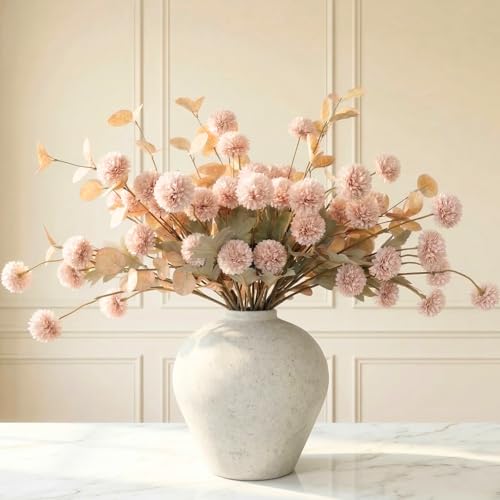 Artificial Flowers for Vase - Beige Silk Mums 10 Long Stems with Eucalyptus, Faux Flowers Home Decor, Neutral Tan Cream Floral Arrangement, Fake Chrysanthemum Pom Pom Stems, Summer Fall Centerpiece