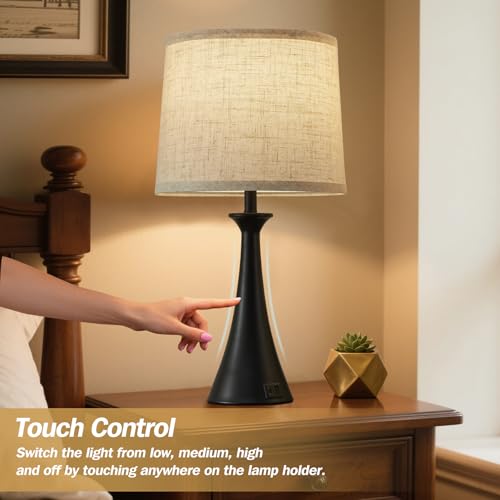 Touch Lamp for Living Room Bedroom, 21" Table Lamps Set of 2 with USB C+A Ports, Touch Bedside Lamps for Nightstand with 3 Way Dimmable, 2 LED Bulbs Included, Black