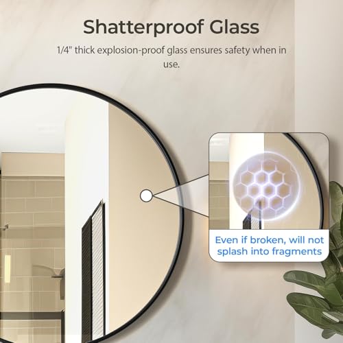 USHOWER Black Round Mirror for Over Sink 24-inch, Circle Bathroom Mirror, Metal Frame Vanity Mirror, Modern Wall Mirror for Entryway Living Room