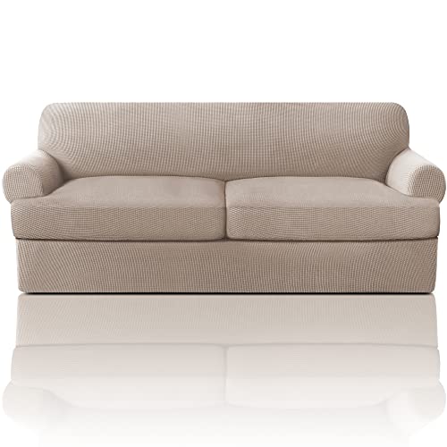 PrinceDeco T Cushion Sofa Slipcover 3 Pieces Sofa Covers for T Cushion Couch Soft Couch Covers Sofa Slip Cover Furniture Covers with 2 Individual T Shape Seat Covers Width Up to 88", Sand